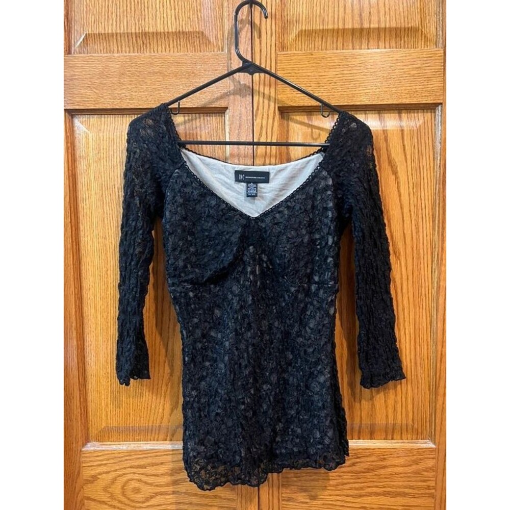 INC International Concepts black pucker-lace top 3/4 sleeve size S